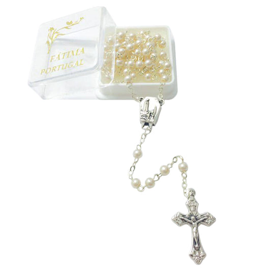 Silver rosary with beige pearls